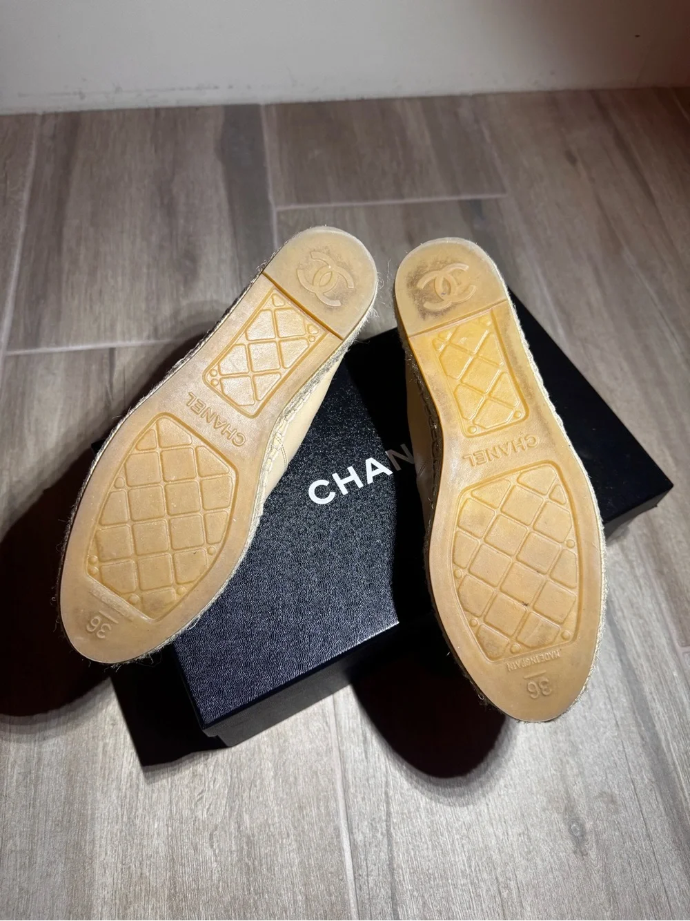 CHANEL Beige and Black Leather Espadrille Loafers